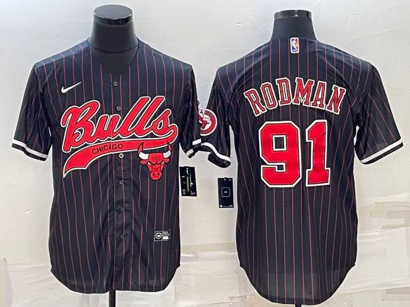 Men%27s Chicago Bulls #91 Dennis Rodman Black Pinstripe With Patch Cool Base Stitched Baseball Jersey